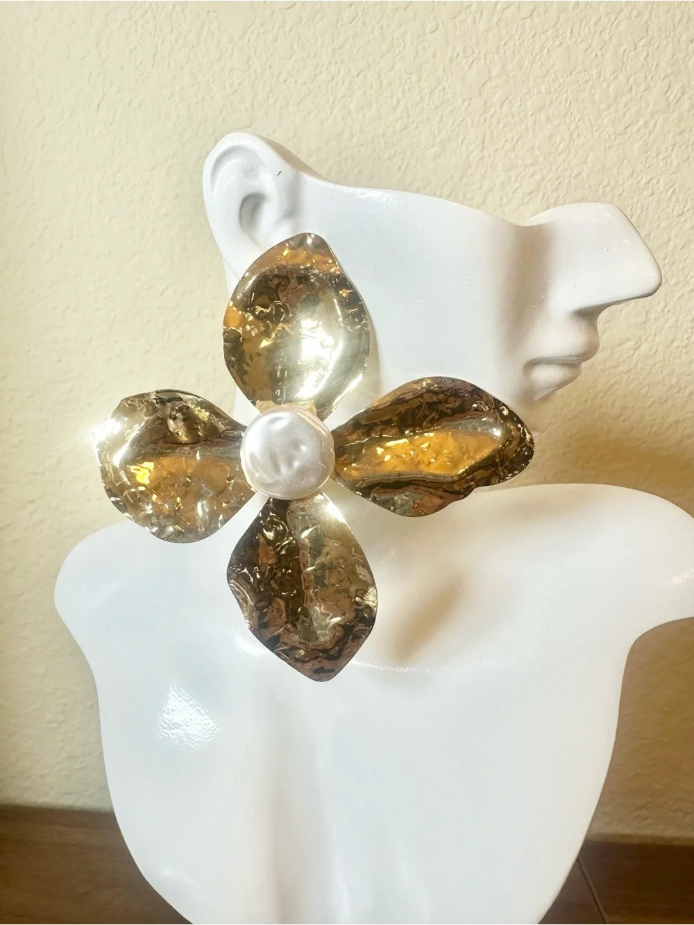 Oversized Gold Flower Statement Earrings with Pearl Center - Lightweight
